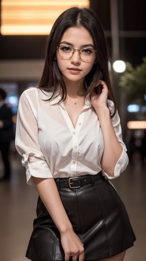 Masterpiece moment captured on RAW photo, showcasing a breathtakingly beautiful girl with an extremely delicate and detailed face. She wears megane glasses, her nose is finely chiseled, and eyes are stunningly rendered. Soft light illuminates her slender body, perfectly framed by the city lights at night against the backdrop of a Tokyo train station. Her blouse and skirt flow elegantly as she strikes a dynamic pose, radiating sexiness under cinematic lighting (bokeh: 1.3). The image is an ultra-detailed, high-res masterpiece, perfect for a CG Unity 8k wallpaper.