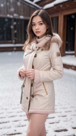 best quality,HDR,UHD,8K,Vivid Colors,solo,photo_,(1girl:1.3),(standing:1.3),(looking at viewer:1.4),Elegant,detailed gorgeous face,(upper body:1.2),bright,(snowing background:1.2),(pale skin:1.4),,Twinkle,pink coat,fur collar,bow