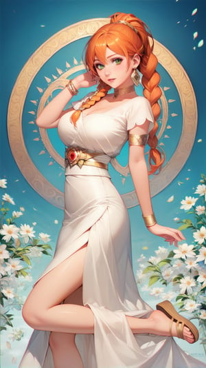  Score_9, Score_8_up, Score_7_up, realistic, lammeFrieren, orange hair, green eyes,long hair,braided ponytail,large breasts,earrings, choker, armlet, bracelet, white dress, white sash, short sleeves, sandals,1girl in full growth, best quality, masterpiece, ultra-detailed, high quality,good quality,1 girl,(master piece,high resolution, ultra detailed,8K,16K),look at viewer,ach-ciloranko,Enhanced All,more detail XL,(chromatic aberration:1.3)