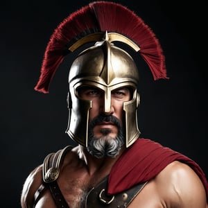 A worn Spartan helmet clad in gold sits atop a chiseled middle aged male model's head, He has a grey beard, and his torso is bare except for a few strategic bandages. Harsh lighting from the right casts dramatic shadows on his rugged features, highlighting piercing eyes that seem to hold the weight of battle. His skin is a canvas of muscles and scars, telling the story of countless skirmishes. The dark Crimson red background amplifies the sense of intensity, as if he's emerged victorious from the fray. High Contrast, High Detail. leonidas, sparta, spartan helmet