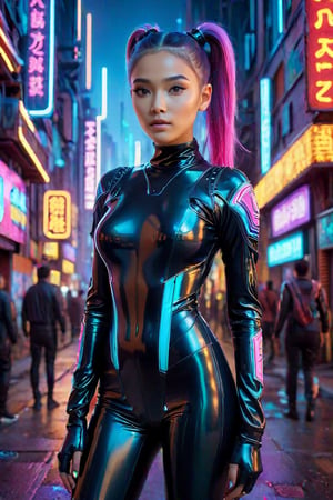Beautiful 3d image of a young girl wearing a latex body suit, bright colored hiar, standing in the street with a cyberpunk city backdrop, night, neon signs.,Apoloniasxmasbox