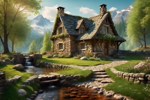 Beautiful cozy fantasy stone cottage in a spring forest aside a cobblestone path and a babbling brook. Stone wall. Mountains in the distance. Magical tone and feel, hyper realistic.