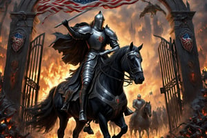 Paint me a masterpiece, High Quality, Photo Realistic, sharp detail, A medieval knight wearing a black suit of armor, riding his horse through the gates of hell, in the background flags wave bearing the emblem of the united states of america, as peasents men and women reach up from the ground below, begging for help. Make it a chaotic and ominous scene, capture the reality of a society in decline, LegendDarkFantasy