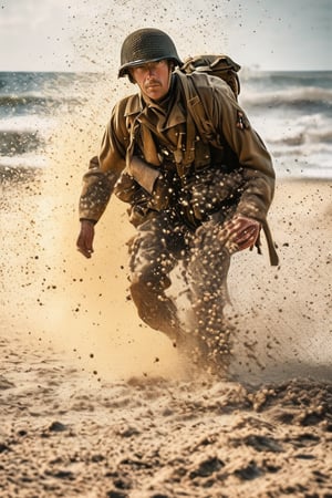 A World War II soldier storming the beach of Normandy, Entering the beach from the ocean with water exploding into the air all around him, Sand littered with debris from the invasion. Mid range close up shot, full body
