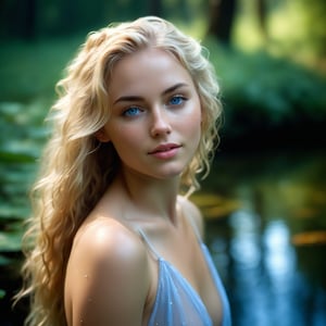 Soft focus captures the serene moment of a lovely maiden, with golden locks cascading down her back, embracing the tranquility of a misty woodland pond. Her piercing blue eyes gaze upwards, as she revels in the freedom of being au naturel. Wet strands of hair cling to her skin, accentuating the freckles that scatter across her body like tiny stars. The subtle play of ripples on the water's surface and lush greenery surrounding the scene create a sense of intimacy and connection with nature.