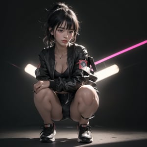 Best quality, masterpiece, ultra high res, (photorealistic:1.4), raw photo, korea girl 22 year old, Black sleek pixie shorts hair style, wearing a loose fit black bomber Jacket m1, tiny bikini latex shorts, black sneakers, squating and looking down at her feet with her two hands in front of her body, futuristic cyber city back ground with bright neon lights.