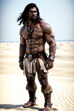 dark skin, dark hair, male barbarian, standing in front of a desert field of war. ancient battlefield, used to fight, fog of war and the small of death fill the air. long hair, tall and muscular, lioncloth , blood on the sand. high detail, sharp facial features 