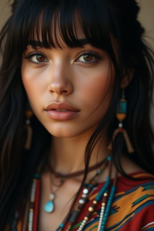 Close-up shot of a stunning native american girl adorned in traditional navajo dress. Her long, straight black hair cascades down her back like a waterfall, with blunt bangs framing her striking features. Her beautiful crystal brown eyes, shaped like almonds, sparkle with warmth as she gazes directly into the camera. The intricate textiles on her attire are a masterpiece of colorful geometric patterns, while her arms are decorated with delicate native beads. Her serene expression and gentle pose evoke a sense of euphoria, perfectly capturing the essence of TaisaSDXL's aesthetic.