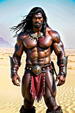 dark skin, dark hair, male barbarian, standing in front of a desert field of war. ancient battlefield, used to fight, fog of war and the small of death fill the air. long hair, tall and muscular, Nude , blood on the sand. high detail, sharp facial features, grey eyes, well endowed.