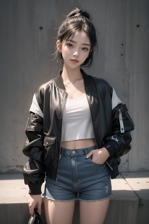 Best quality, masterpiece, ultra high res, (photorealistic:1.4), raw photo, korea girl 22 year old, Black sleek pixie shorts hair style, wearing a loose fit black jacket bomber m1, tiny shorts bluejeans, white sneaker, Cyber city background