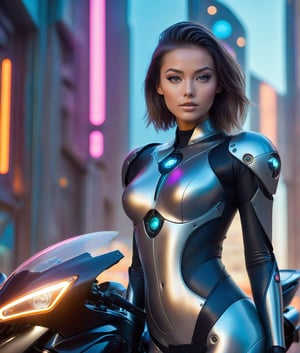 A stunning young woman with toned physique and cybernetic enhancements confidently stands in front of a sleek motorcycle against a backdrop of subtly blurred spaceport facade. Her latex cybersuit showcases perky breasts and robotic arm/leg replacements as she poses empowered, while the motorcycle's wheel rims pulse vibrant neon hues harmoniously reflecting the kaleidoscope colors surrounding her.
