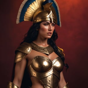 A warrior queen emerges from the depths of war, her worn Athenian helmet gleaming with golden patina atop a chiseled middle-aged female model's head. Harsh lighting from the right casts dramatic shadows on her rugged features, highlighting piercing eyes that seem to hold the weight of battle. A canvas of muscles and scars adorns her skin, telling the story of countless skirmishes against the dark crimson red background, as if she's emerged victorious from the fray.