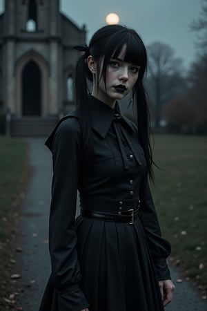 A melancholic gothic girl, hair as black as the night, flows down her porcelain skin like a raven's wing, pig tails knotted tight, adorned with bold black lipstick. She stands before a hauntingly beautiful, yet decrepit cathedral, its charred stone facade illuminated only by the faint glow of a full hunter's moon hanging low in the dusky sky. Her old-fashioned school uniform, now shrouded in darkness, is offset by the stark white of her stockings and the glossy black of her shoes. The overall mood is one of somber beauty, as if the very essence of the gothic aesthetic has been distilled into this haunting scene.