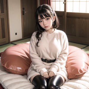 Cute Japanese anime girl wearing a short latex jumper sitting on a fluffy cushion in a room with Japanese decorations