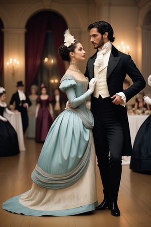 a modern day picture that shows a handsome 19th century count of Monte Cristo dancing at a masquerade ball with his beautiful future countess, edmund dantes, Haydee
