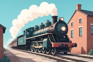 A mid century steam engine locomotive train, coming down the tracks, 2D, Vector Style, muted tone colors, unsplash, old train, old town, clear blue sky, sharp and crisp detail