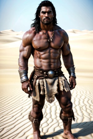 dark skin, dark hair, male barbarian, standing in front of a desert field of war. ancient battlefield, used to fight, fog of war and the small of death fill the air. long hair, tall and muscular, wearing only a loin cloth. blood on the sand. high detail, sharp facial features 