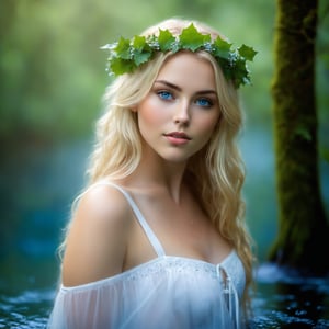 Soft focus captures serene moment: Lovely maiden with golden locks cascading down back, embracing tranquility of misty woodland pond's gentle ripples. Piercing blue eyes gaze upwards, reveling in freedom of being au naturel. Wet strands cling to skin, accentuating freckles like tiny stars. Lush greenery and subtle water droplets on skin create intimacy with nature. Maiden wears ivy crown, surrounded by misty forest ambiance, High Resolution, High Detail.