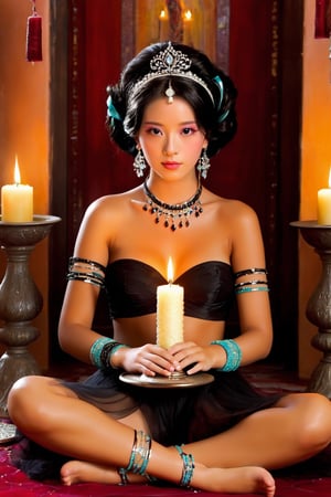 1girl, solo, looking at viewer, black hair, hair ornament, jewelry, sitting, full body, earrings, indoors, bracelet, sparkle, armlet, candle, 