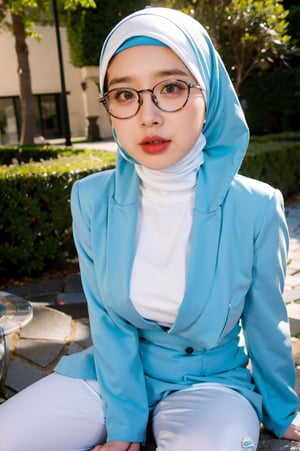 Masterpiece,best quality,official art
asian,teen,hijab,sexy
sky blue formal suit,choker,glasses
dynamic lighting,Portrait,dream_girl,Photorealism, sit, spread legs