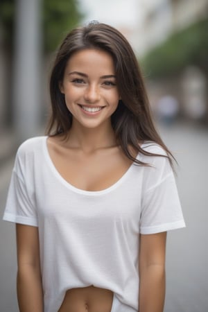 german, brazilian, woman in a plain white t-shirt, full shirt, loose shirt, sleeves, standing, brazil street, cute smile, black hair, attractive body, natural body, friendly seductive smile, beautiful body, freckles, seductive smile, dark brown hair, dimples, small_breasts, tiny_breasts, natural breast, saggy breasts, small tits, small breasts. wink, winking, close up face, no pocket, face, face only