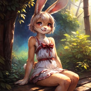 white bunny female, cub, minor, by kenket,  by celestespaniel,  by bonifasko,  by teranen,  by skeleion,  by black-kalak,  by suikuzu,  by 2d10,  by tom_fischbach,   (Highest Quality,  4k,  masterpiece,  Amazing Details:1.1),  1other,  solo,  ((anthro,  furry,  kemono, bunny, cub)), skinny,  slender,  young,  beautiful, gorgeous, cute, feminine,  pretty,  realistic fur,  detailed fur texture,  light red eyes,  Shallow Depth of Field,  thin eyebrows,  no_hair,  bald,  smile,  bunny teeth,  flirtatious,  sitting,  paws,  key visual,  vibrant,  studio anime, furry, FurryCore, Night scene, female, detailed white dress, pink_panties, young, underage, half_open_mouth