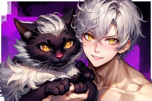 muscular teenage male, happy_face, silver hair, bright yellow eyes, (freckles:1), short undercut tapered fade hairstyle, 1guy, Masterpiece, photorealistic, REALISTIC, Detailedface, shirtless,trap, femboy, petting a black cat with yellow eyes,1boy,effeminate,androgynous