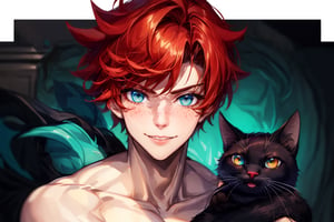 muscular teenage male, happy_face, red hair, bright blue eyes, (freckles:1), short undercut tapered fade hairstyle, 1guy, Masterpiece, photorealistic, REALISTIC, Detailedface, shirtless,trap, femboy, petting a black cat with yellow eyes,1boy,effeminate