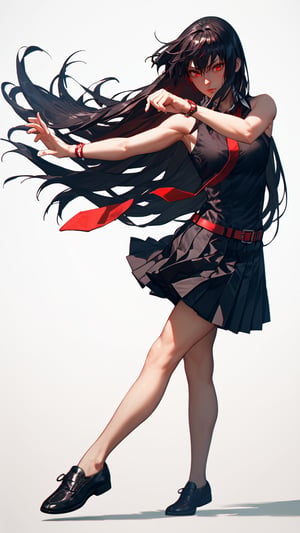 score_9, score_8_up, score_7_up, 1girl, Akame,RED EYES, LONG HAIR, BLACK HAIR,BLACK DRESS, SLEEVELESS, PLEATED SKIRT,BLACK SHIRT, NECKTIE, RED BELT, black shoes, standing, t-pose, from front, white background, simple background