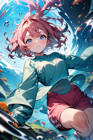 1girl, pale, pink hair, short hair, hair between eyes, blue shirt, pink shorts, sneakers, AND swimming, underwater, masterpiece, best quality, absurdres, very aesthetic, newest, General