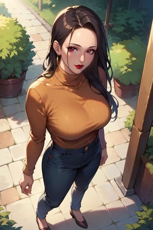 score_9,score_8_up,score_7_up,score_6_up, 1girl, mature female, black hair, long hair, straight hair, forehead, brown eyes, turtleneck sweater, pants, shoes, standing, outside, from above