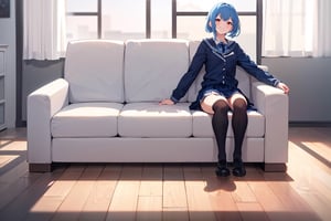 (masterpiece, best quality), highly detailed, highres, 1girl, blue hair, school uniform, sitting, couch, interior,RinzeMorino