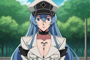 score_9, score_8_up, score_7_up, score_6_up, score_5_up, score_4_up, BREAK source_anime, 1girl, solo, esdeath, mature female, aldult, blue eyes, blue hair, long hair, hat, peaked cap, cleavage, large breasts, military uniform, military, uniform, choker, chest tattoo, upper body, standing, outdoors, nature, oshi_no_ko_style