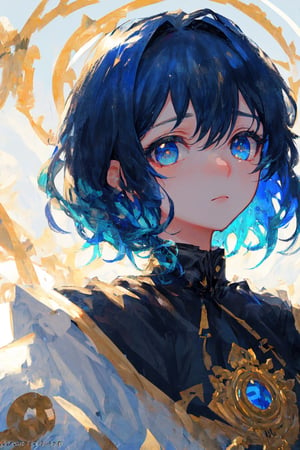 masterpiece, best quality, ultra-detailed, illustration, close-up, straight on, face focus, 1girl, blue hair, golden eyes, short hair, serene expression, looking at viewer