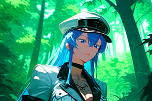 1girl, solo, Esdeath, upper body, standing, outdoors, nature, cenimatic lighting, depth of field, best quality, amazing quality, very aesthetic, best details, highres, score_9, score_8, score_7