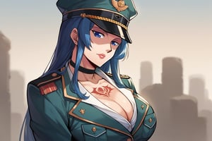 score_9, score_8_up, score_7_up, score_6_up, score_5_up, score_4_up, BREAK source_anime, 1girl, solo, mature female, aldult, blue eyes, blue hair, long hair, hat, peaked cap, cleavage, large breasts, military uniform, military, uniform, choker, chest tattoo, upper body, standing, outdoors