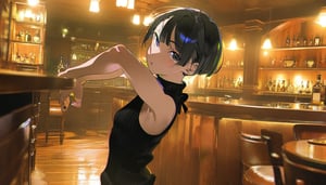 amazing quality, extremely detailed, beautiful color, aesthetic, (by yoneyama mai:0.6), high contrast, chromatic aberration, 1girl, solo, upper body, (very short:0.85) black hair, bangs, black sweater, standing, small breasts, sleeveless, pants, aesthetic, relaxing theme, luxurious and dazzling, tavern, perspective