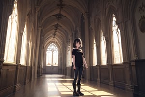 (masterpiece), best quality, medieval castle, indoor, 1girl, standing, brown eyes, black hair, short hair, shirt, short sleeve, skinny pants, boots, dark, moody