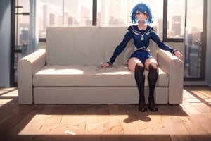 (masterpiece, best quality), highly detailed, highres, 1girl, blue hair, school uniform, sitting, couch, interior