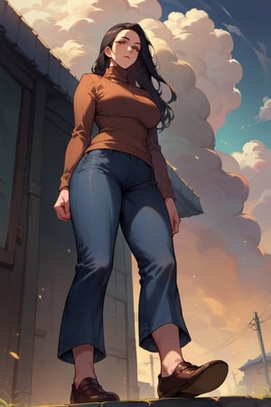 score_9,score_8_up,score_7_up,score_6_up, 1girl, mature female, black hair, long hair, straight hair, forehead, brown eyes, turtleneck sweater, pants, shoes, standing, outside, dark clouds, from below