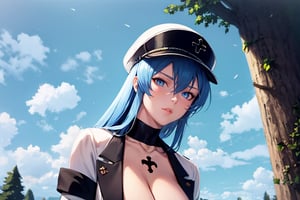 masterpiece, best quality, 1girl, solo, mature female, aldult, blue eyes, blue hair, long hair, hat, peaked cap, cleavage, large breasts, military uniform, military, uniform, choker, upper body, standing, outdoors, nature, trees, esdeath