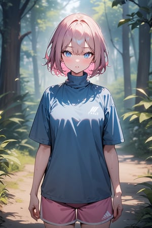 [1girl: 3], [pale: 3], [pink hair: 3], [short hair: 3], [hair between eyes: 3], [blue shirt: 3], [turtleneck: 3], [short sleeve: 3], [pink sweat shorts: 3], [sneakers: 3], [standing: 3], outside, forest, from front, masterpiece, best quality, absurdres, very aesthetic, newest, General