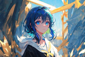 masterpiece, best quality, ultra-detailed, illustration, close-up, straight on, face focus, 1girl, blue hair, golden eyes, short hair, casual clothing, serene expression, looking at viewer