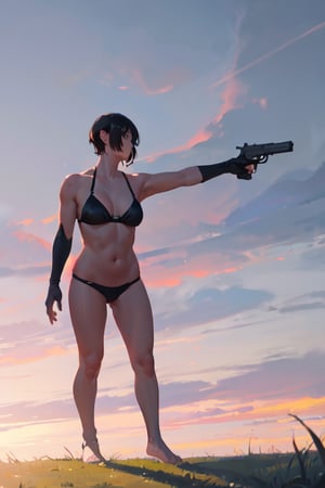 masterpiece, best quality, highly detailed, highres, 1girl, short hair, standing, gun, BREAK outdoor, grass, tress, nature