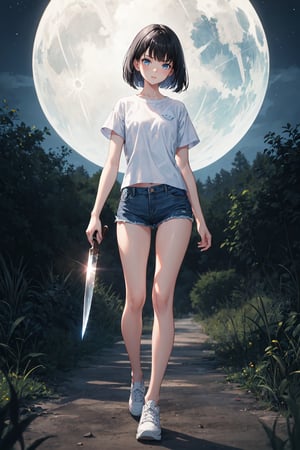 1girl, slim, black hair, bob cut, bangs, blue eyes, white shirt, short sleeve, holding one knife, blue denim short, white shoes, standing, grassfield, dark, night sky