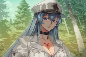 score_9, score_8_up, score_7_up, score_6_up, score_5_up, score_4_up, BREAK source_anime, 1girl, solo, mature female, aldult, blue eyes, blue hair, long hair, hat, peaked cap, cleavage, large breasts, military uniform, military, uniform, choker, chest tattoo, upper body, standing, outdoors, nature, ESDEATH,oshi_no_ko_style