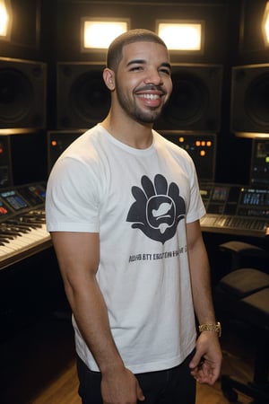 drake smiling, standing in the studio