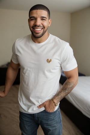 drake smiling, standing in the bedroom