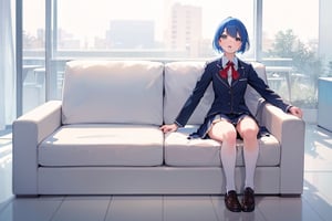 (masterpiece, best quality), highly detailed, highres, 1girl, blue hair, school uniform, sitting, couch, interior