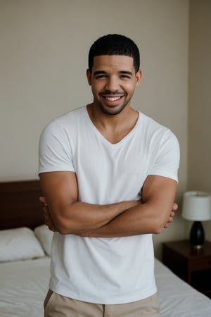 drake smiling, standing in the bedroom, BREAK detailed, natural light